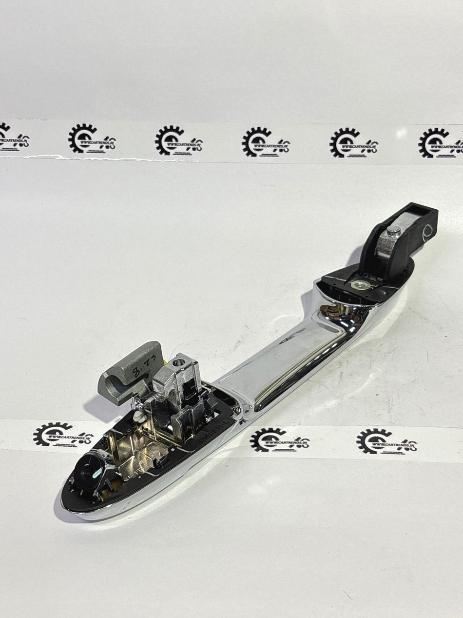 Honda handle assembly for left front door, exterior view showing the black plastic and metal components.