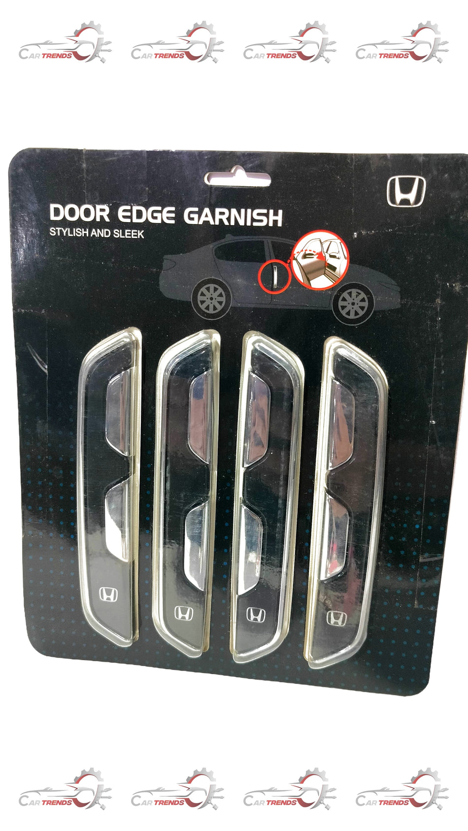 Honda door edge garnish kit showing black plastic trim with clips, designed to protect door edges from damage.