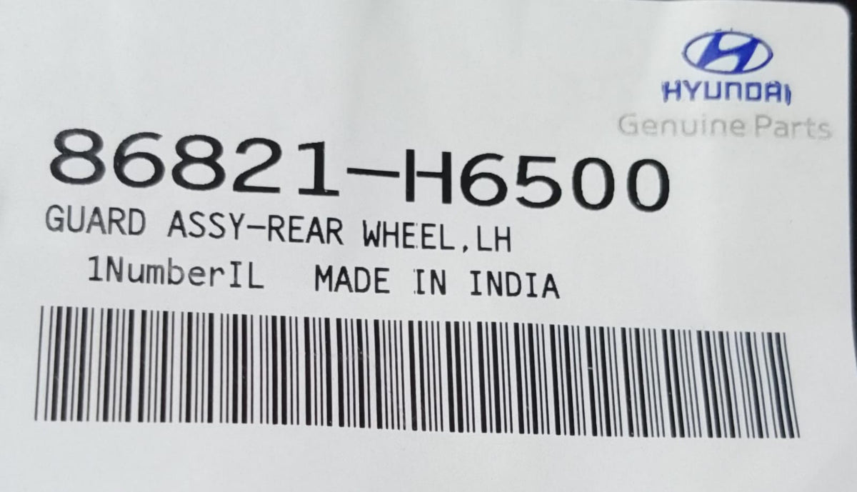Hyundai Verna 5th gen inner wing panel, part number 86821H6500, shown in black with detailed surface texture.