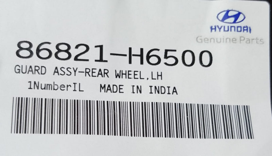 Hyundai Verna 5th gen inner wing panel, part number 86821H6500, shown in black with detailed surface texture.