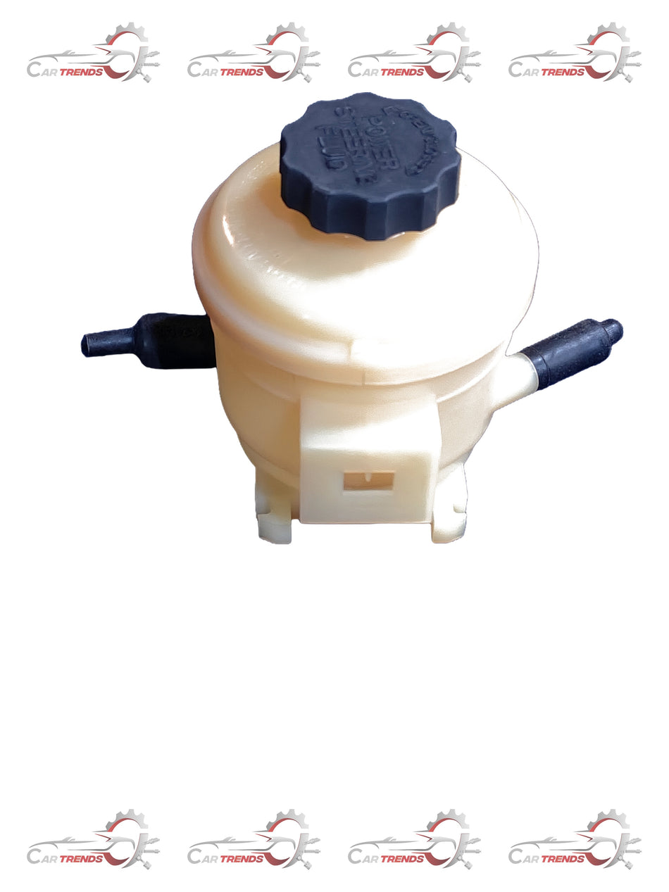 Hyundai reservoir power steering tank Accent and Viva models, with black cap and clear plastic body showing fluid level.