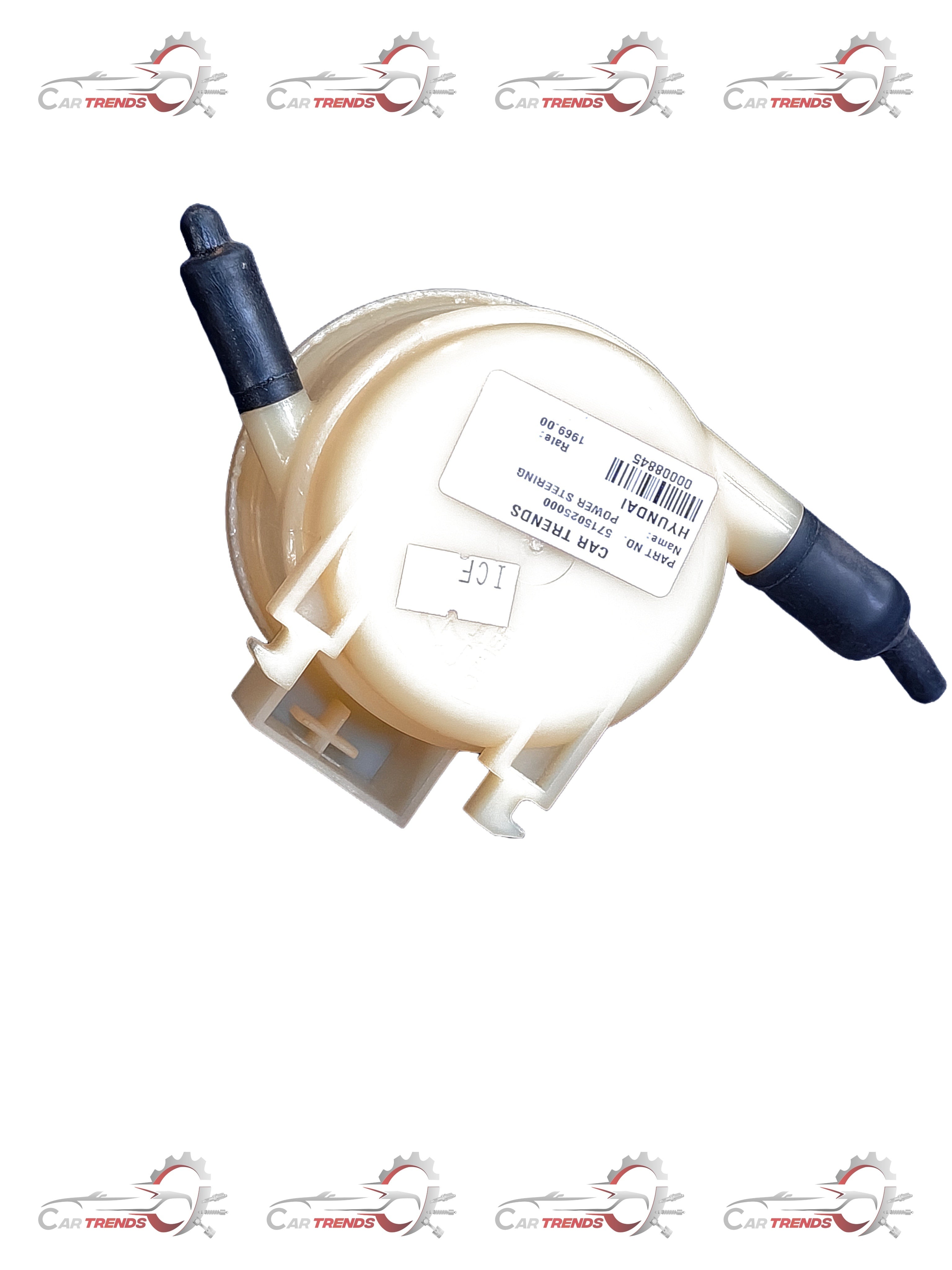 Hyundai reservoir power steering tank for Accent and Viva models, with a clear view of the black plastic reservoir and mounting area.