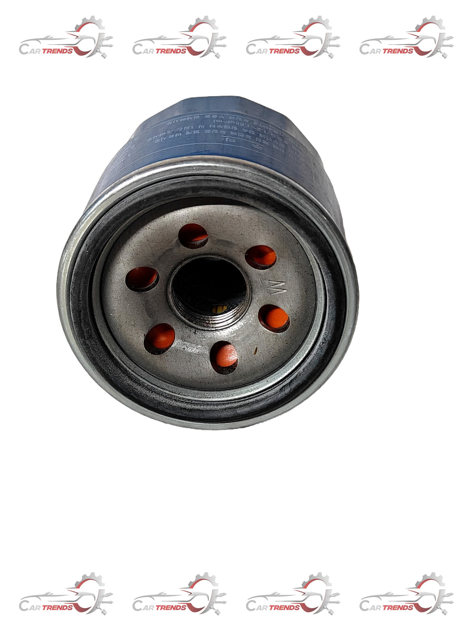 Hyundai I20 oil filter Spare part, close-up view of the black cylindrical filter for engine oil filtration.