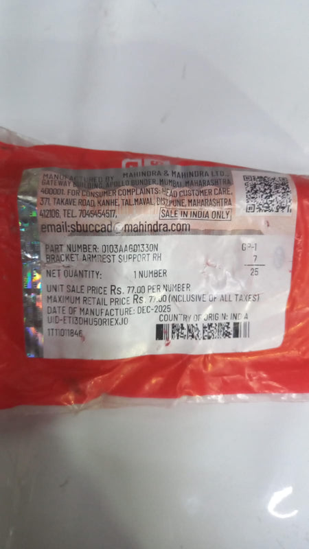 Mahindra RH armrest support bracket, model 0103AAG01330N, designed for Mahindra vehicle interior comfort.