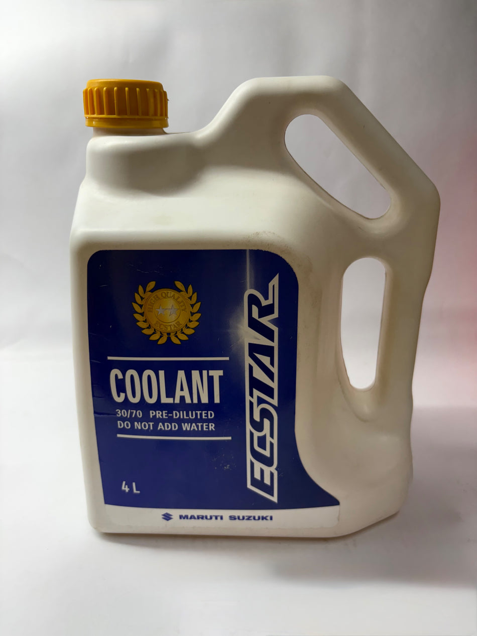 Maruti Suzuki 4L coolant bottle with blue liquid inside, designed for vehicle engine cooling systems.