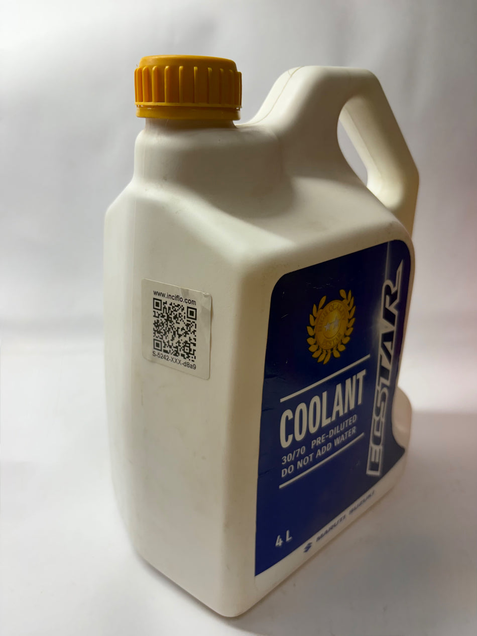 Maruti Suzuki 4L coolant bottle with label, designed for vehicle engine cooling and maintenance.