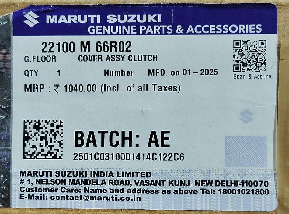 Maruti Suzuki clutch cover assembly for Beleno petrol engine, part number 22100M66R02, shown in the image.