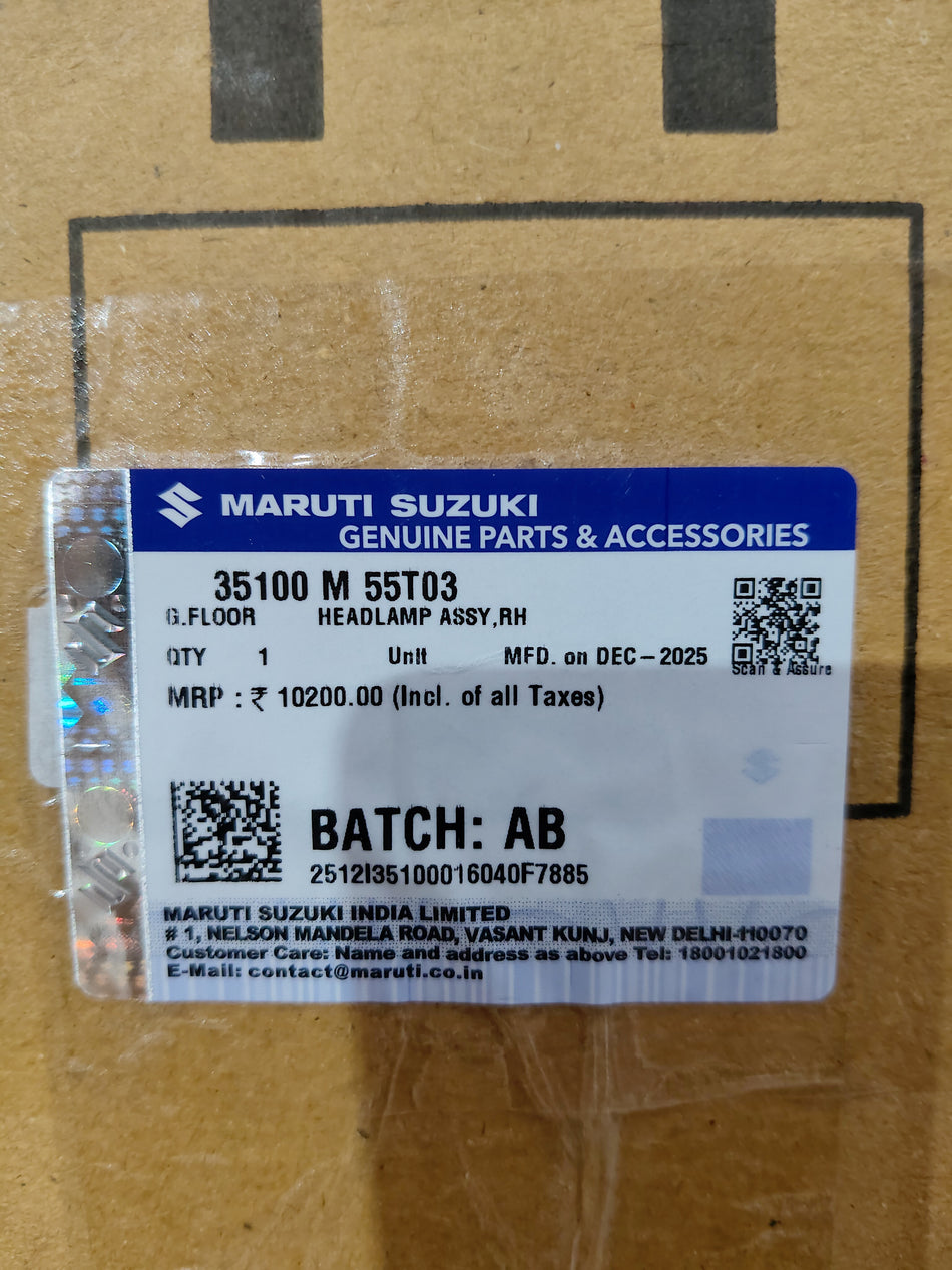 Maruti Suzuki Baleno right headlamp assembly with model number 35100M55T03, showing the vehicle's front headlight component.