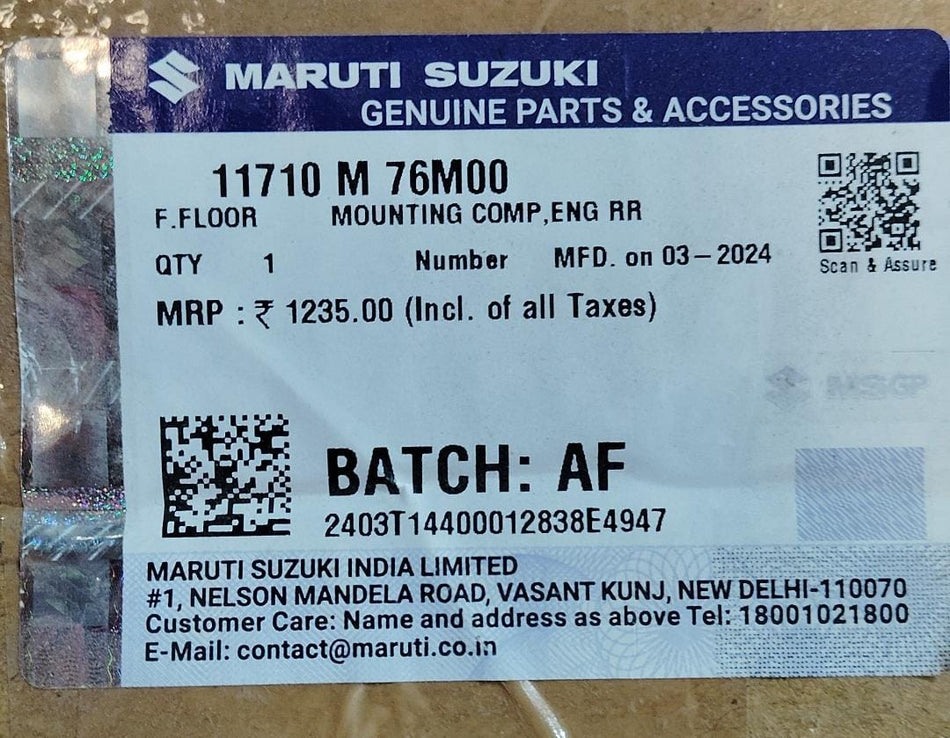 Maruti Suzuki rear engine mounting for Celerio petrol model, part number 11710M76M00, shown in this image.