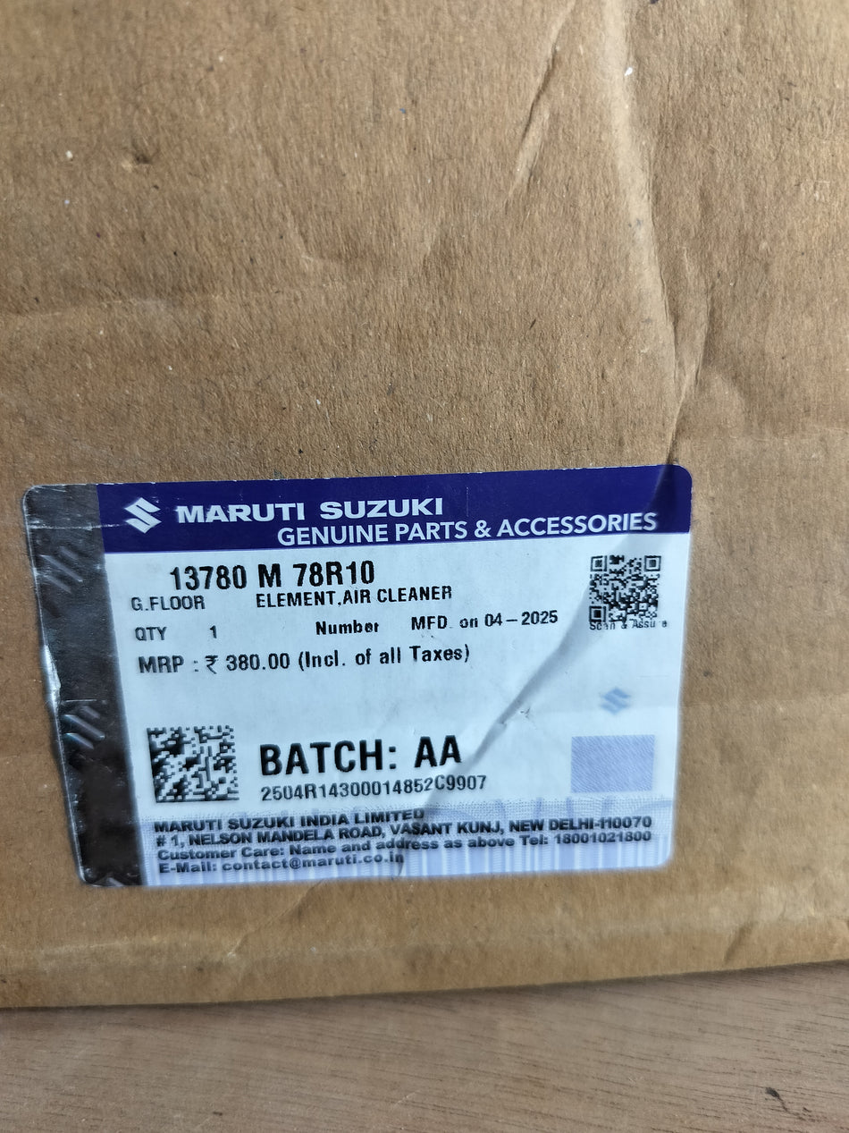 Maruti Suzuki Elementair Cleaner 13780M78R10 for vehicle maintenance, shown in a close-up image with packaging and product details.