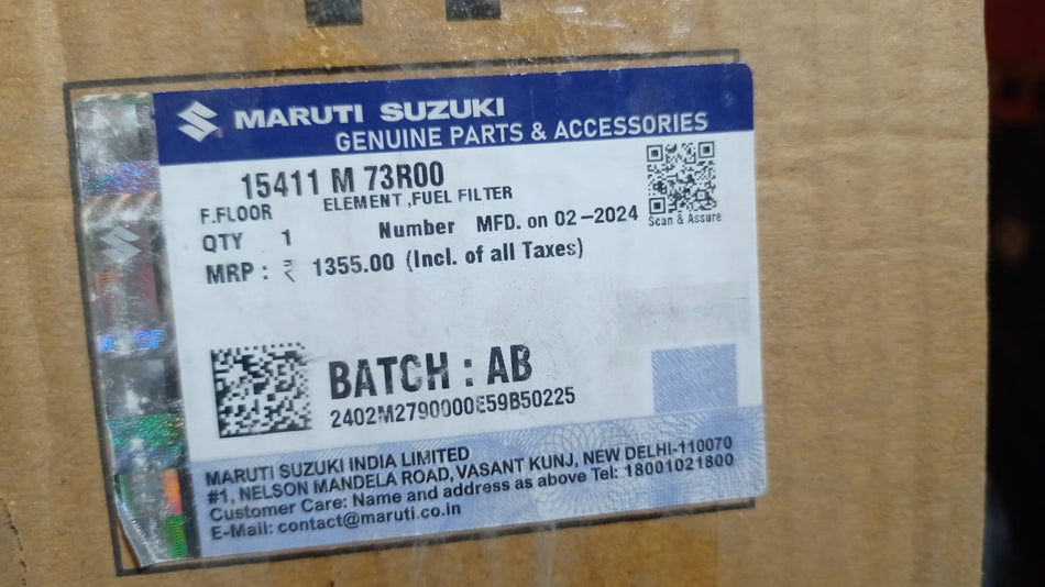 Maruti Suzuki ElementFuel Filter 15411M73R00 showing a close-up of the automotive fuel filter for Maruti Suzuki vehicles