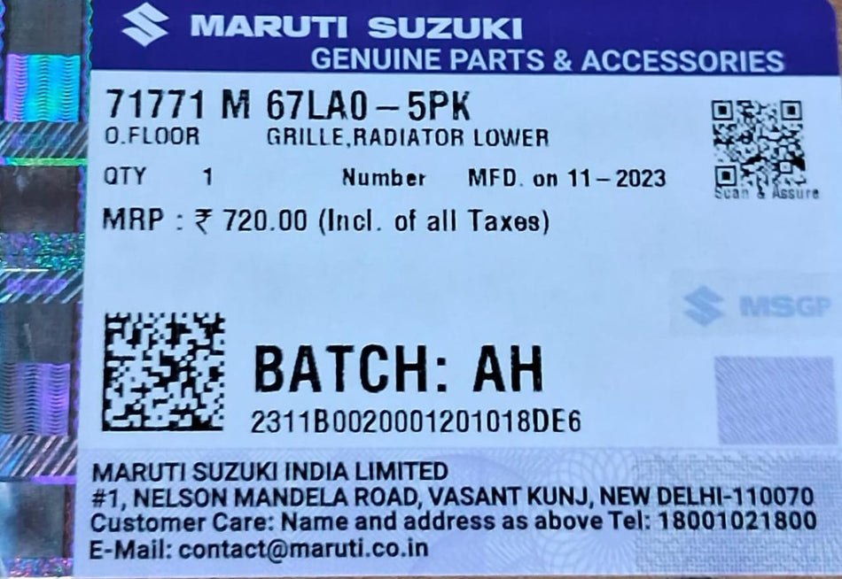 Maruti Suzuki lower grill radiator for vehicle model 71771M67LA05PK, showing the black plastic component with grille design.