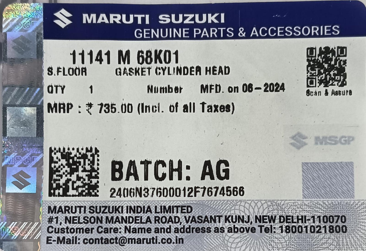 Maruti Suzuki head gasket for Celerio 2020 model, genuine engine part with part number 11141M68K01.