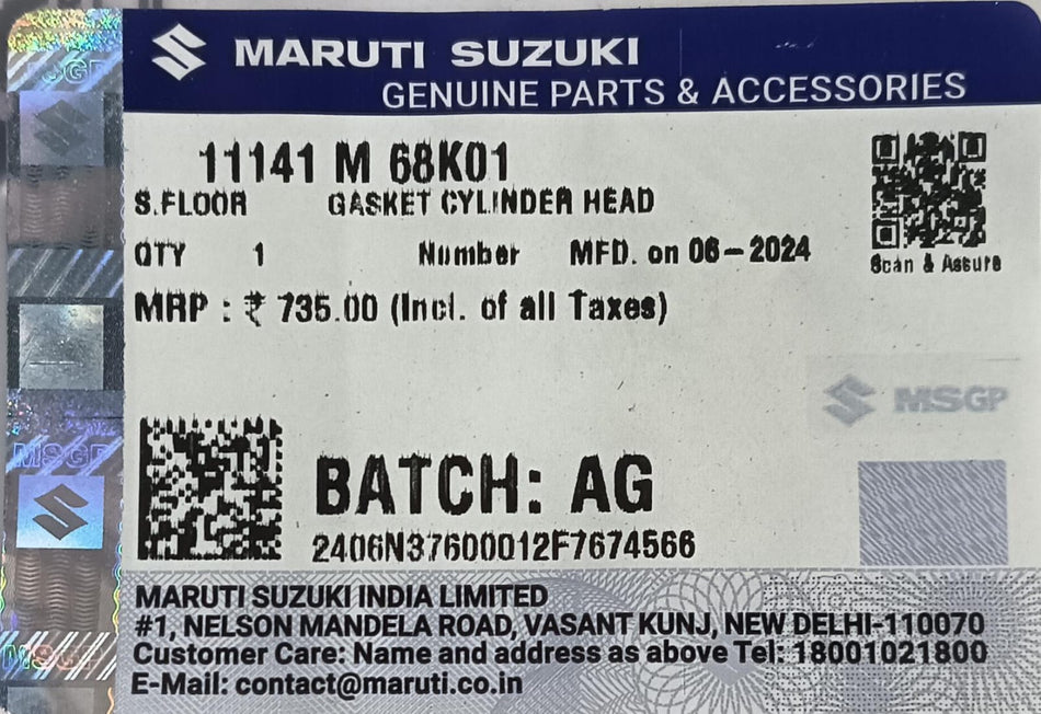 Maruti Suzuki head gasket for Celerio 2020 model, genuine engine part with part number 11141M68K01.