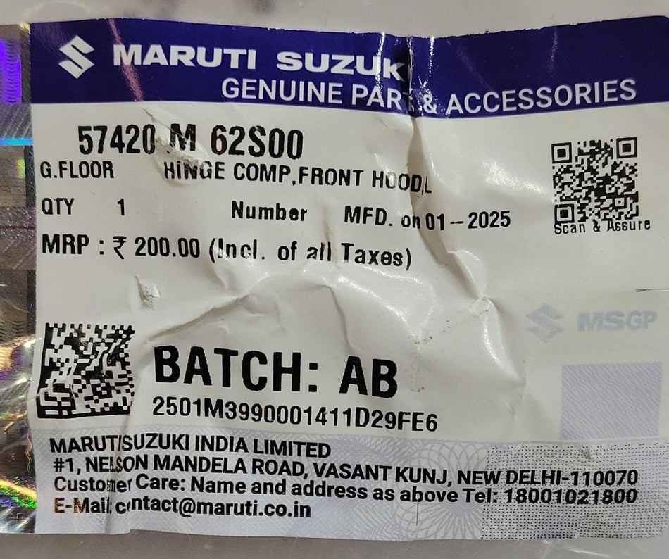 Maruti Suzuki front hood left hinge for Maruti Suzuki S-Presso petrol and CNG models, part number 57420M62S00.
