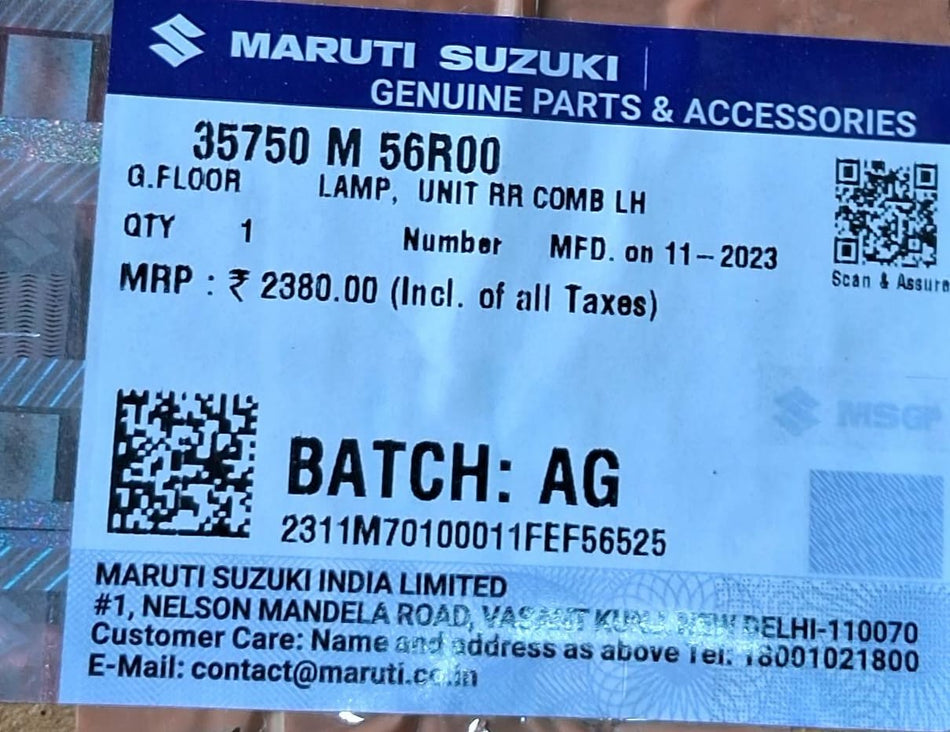 Maruti Suzuki lamp unit RR comb LH 35750M56R00, automotive headlight component for Maruti Suzuki vehicles.