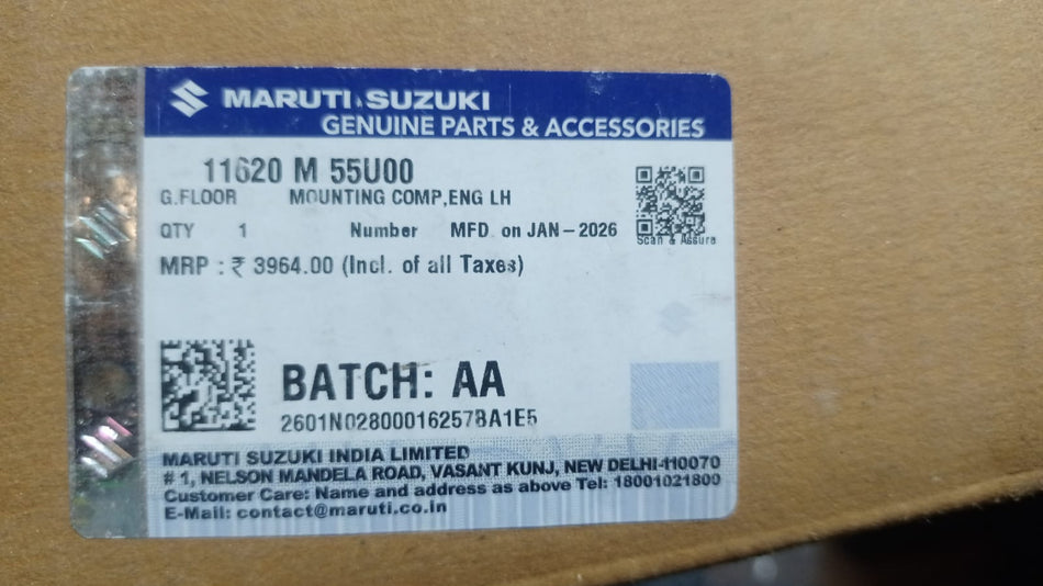 Maruti Suzuki mounting compeng LH 11620M55U00, automotive spare part, shown in a close-up image with metal and plastic components.