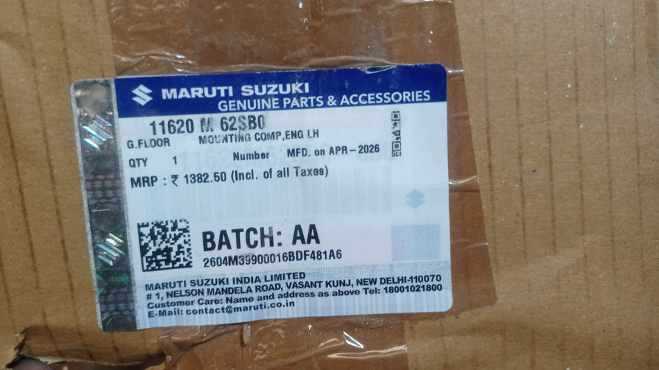 Maruti Suzuki mounting component LH 11620M62SB0 showing the black metal mounting part with bolts and brackets.