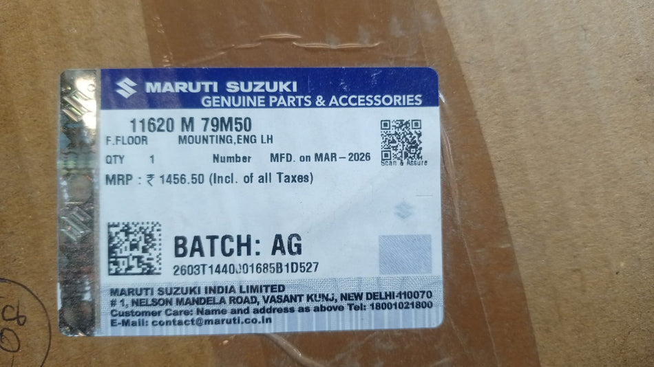 Maruti Suzuki mounting engine part LH 11620M79M50, showcasing the engine mounting component with visible metal and rubber elements.