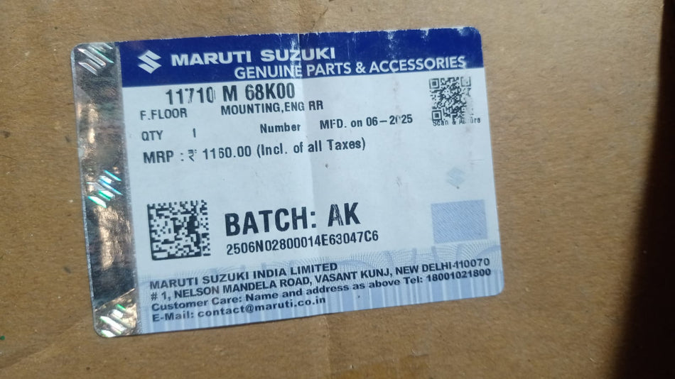 Maruti Suzuki mounting engine part RR 11710M68K00, automotive engine component, close-up view of the branded part.