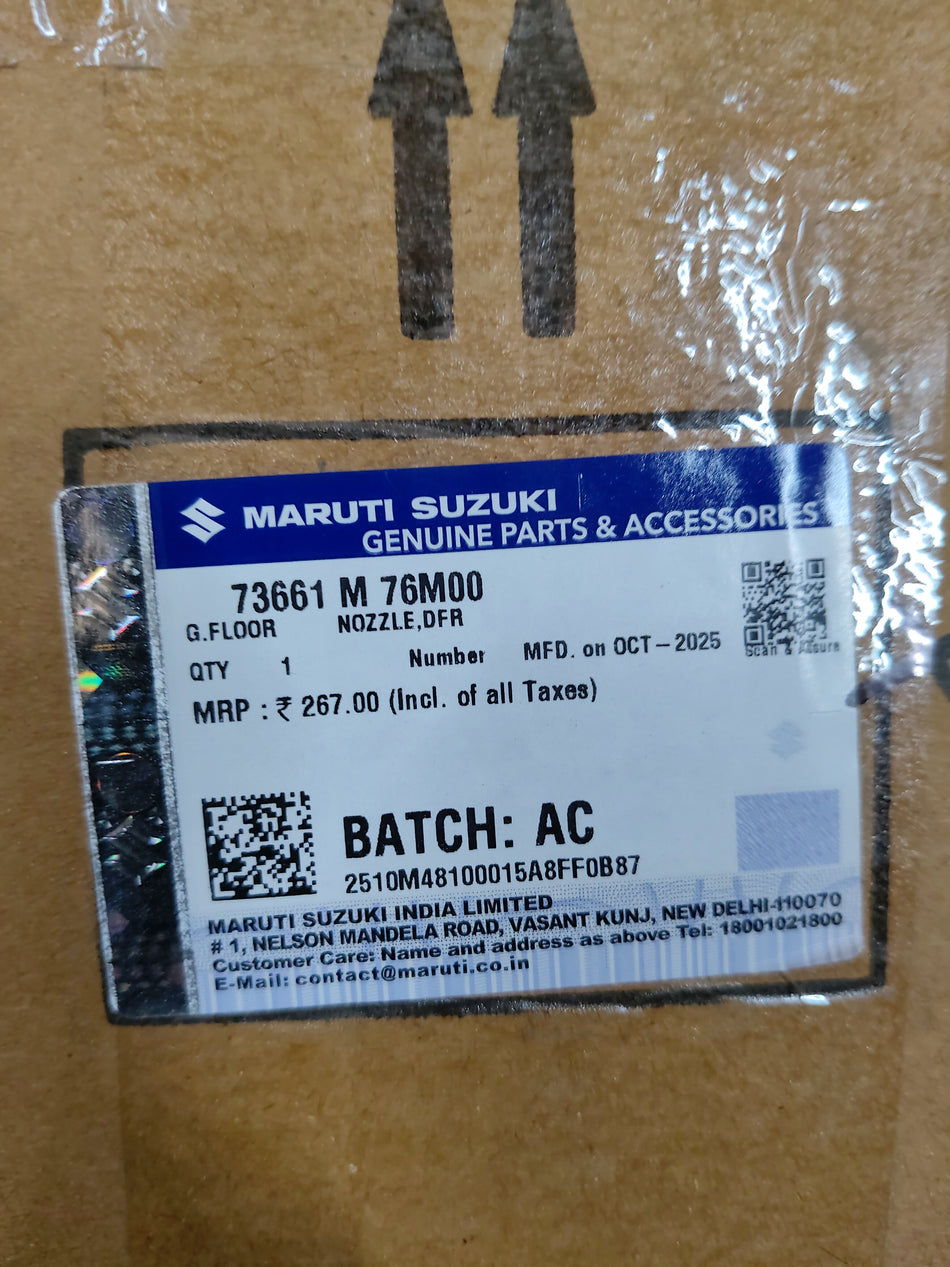 Maruti Suzuki NOZZLEDFR 73661M76M00 engine nozzle part for Maruti Suzuki vehicles, shown in the image.