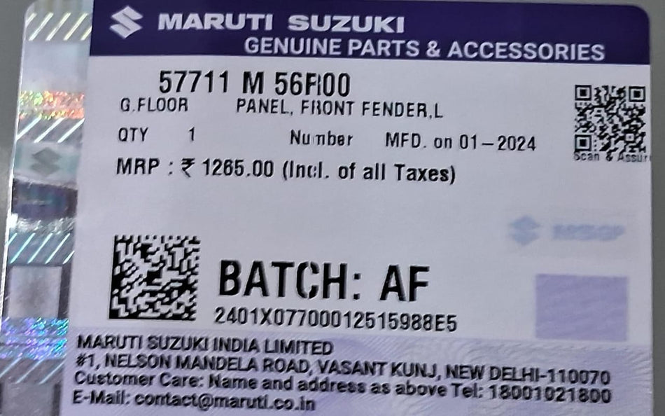 Maruti Suzuki front fender panel L 57711M56R00, car body part in silver with mounting points visible.