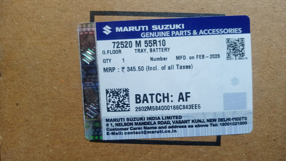Maruti Suzuki tray battery 72520M55R10 with black casing and terminal connections for vehicle power supply.