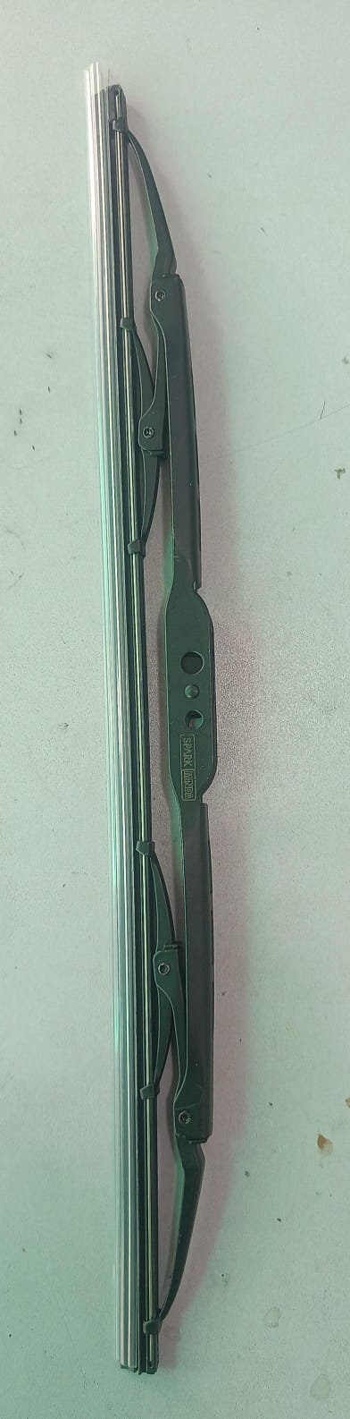 Minda WB180014S 14-inch wiper blade installed on car windshield, showing clear rubber edge for optimal visibility and performance.