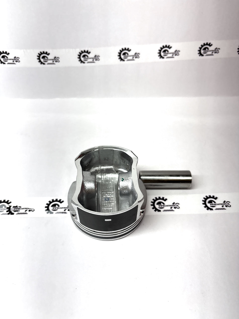 Nissan Micra piston with pin, engine component, shown in close-up with metallic finish and detailed parts.