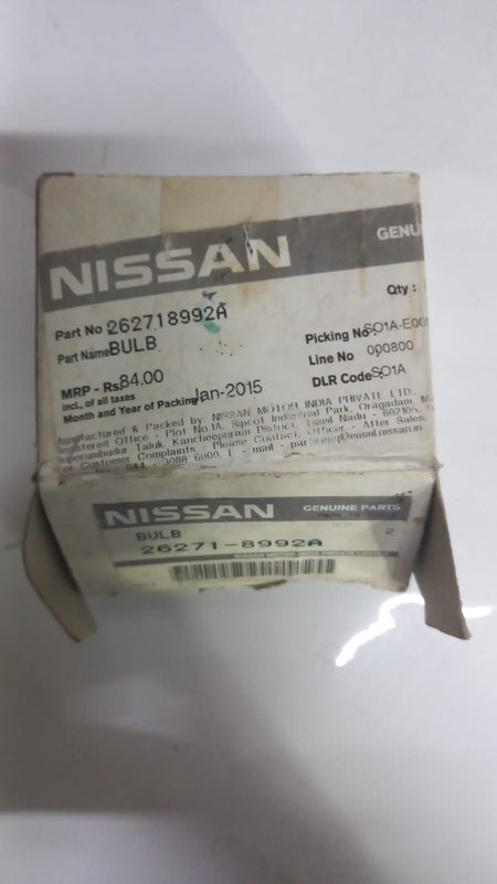 Nissan bulb 262718992A, automotive replacement light bulb for Nissan vehicles, with clear glass and metal base.