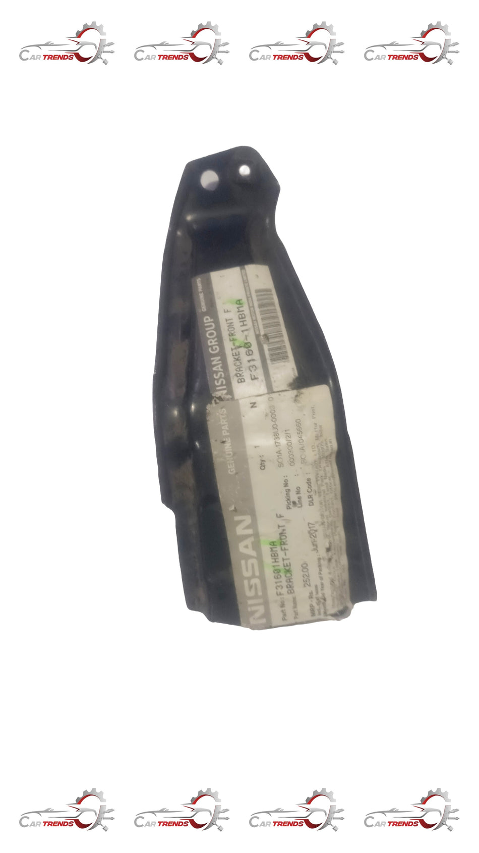 Nissan lower front fender bracket, part #F31601HBMA, showing the metal mounting component for vehicle body support.