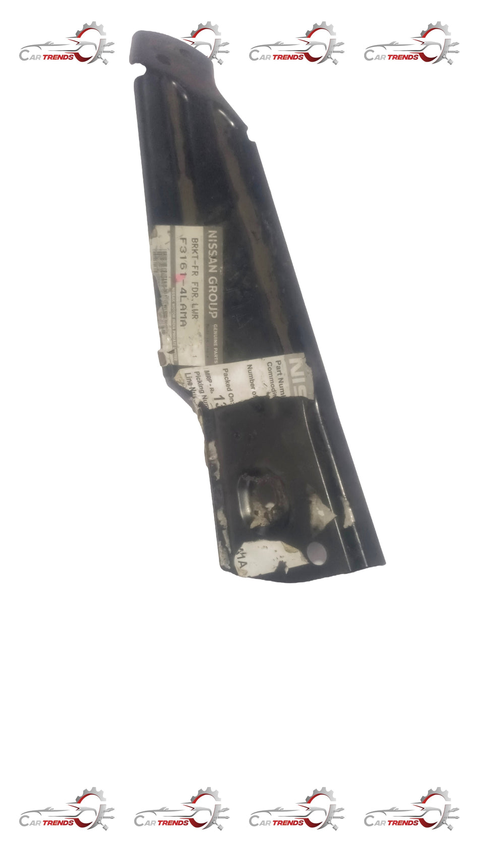 Nissan lower front fender bracket, part #F31614LAMA, in black, shown mounted on Nissan vehicle front corner.