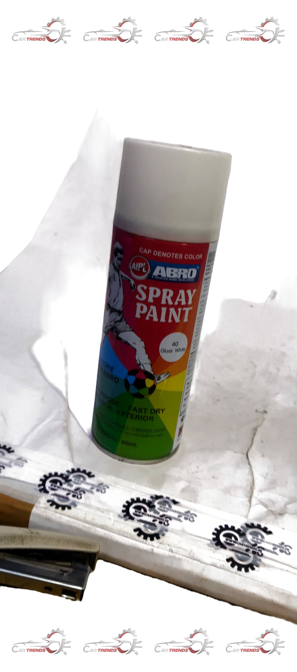 ABRO white spray paint can for all cars and variants, showing a close-up of the aerosol container with brand label.