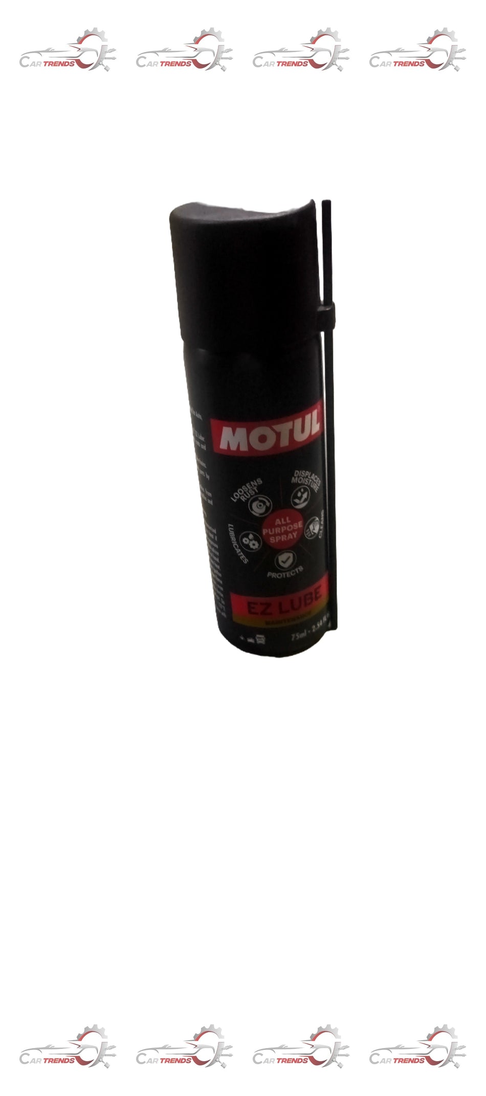 Motul EZ Lube 36x75ml universal lubricant bottles displayed in a row, showcasing the product packaging and branding.