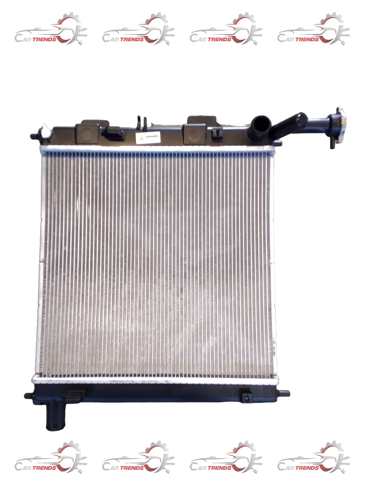 CarTrends radiator for Santro new model, spare parts image showing the engine cooling component with metal fins and inlet/outlet ports.