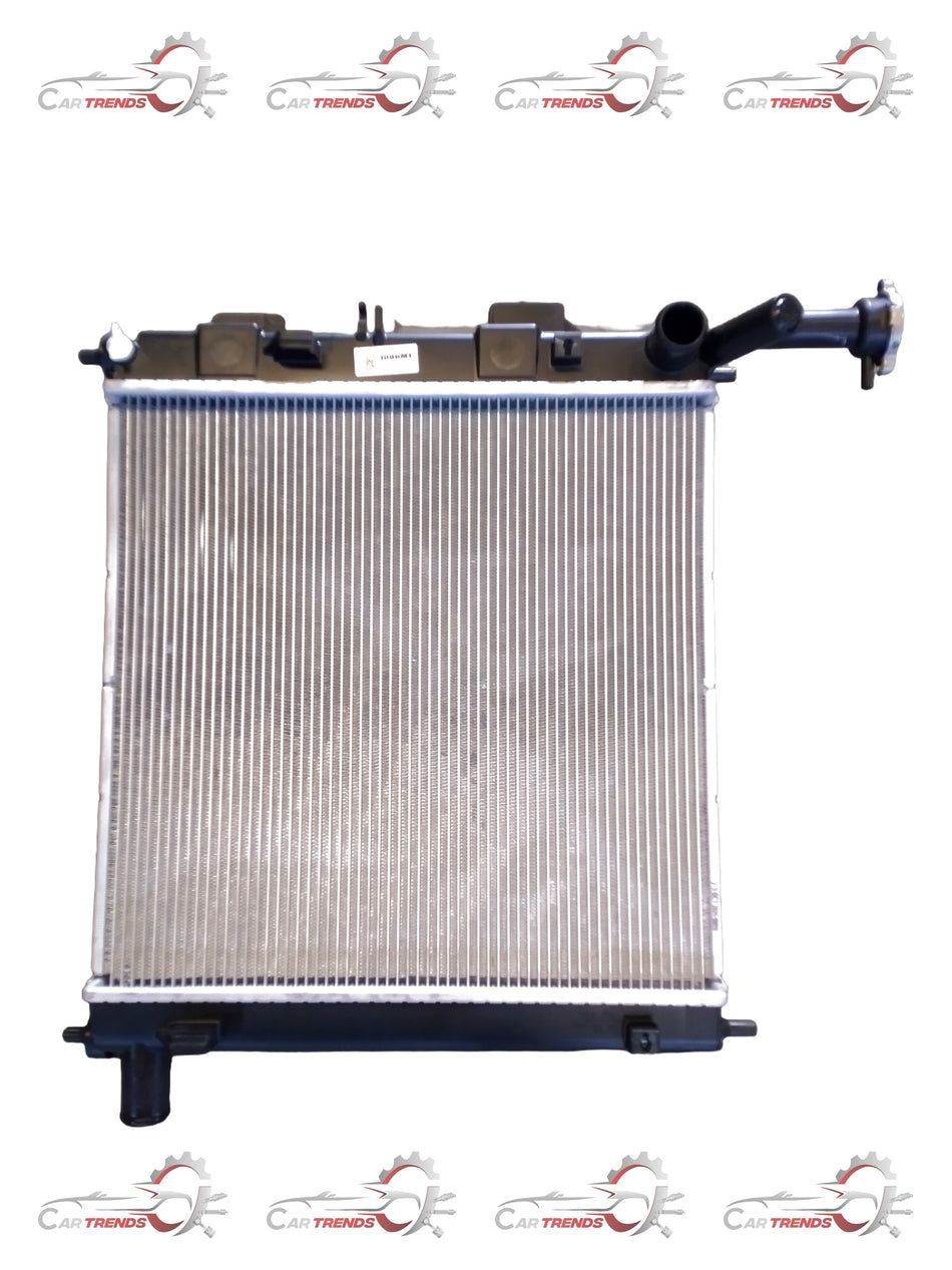 CarTrends radiator for Santro new model, spare parts image showing the engine cooling component with metal fins and inlet/outlet ports.