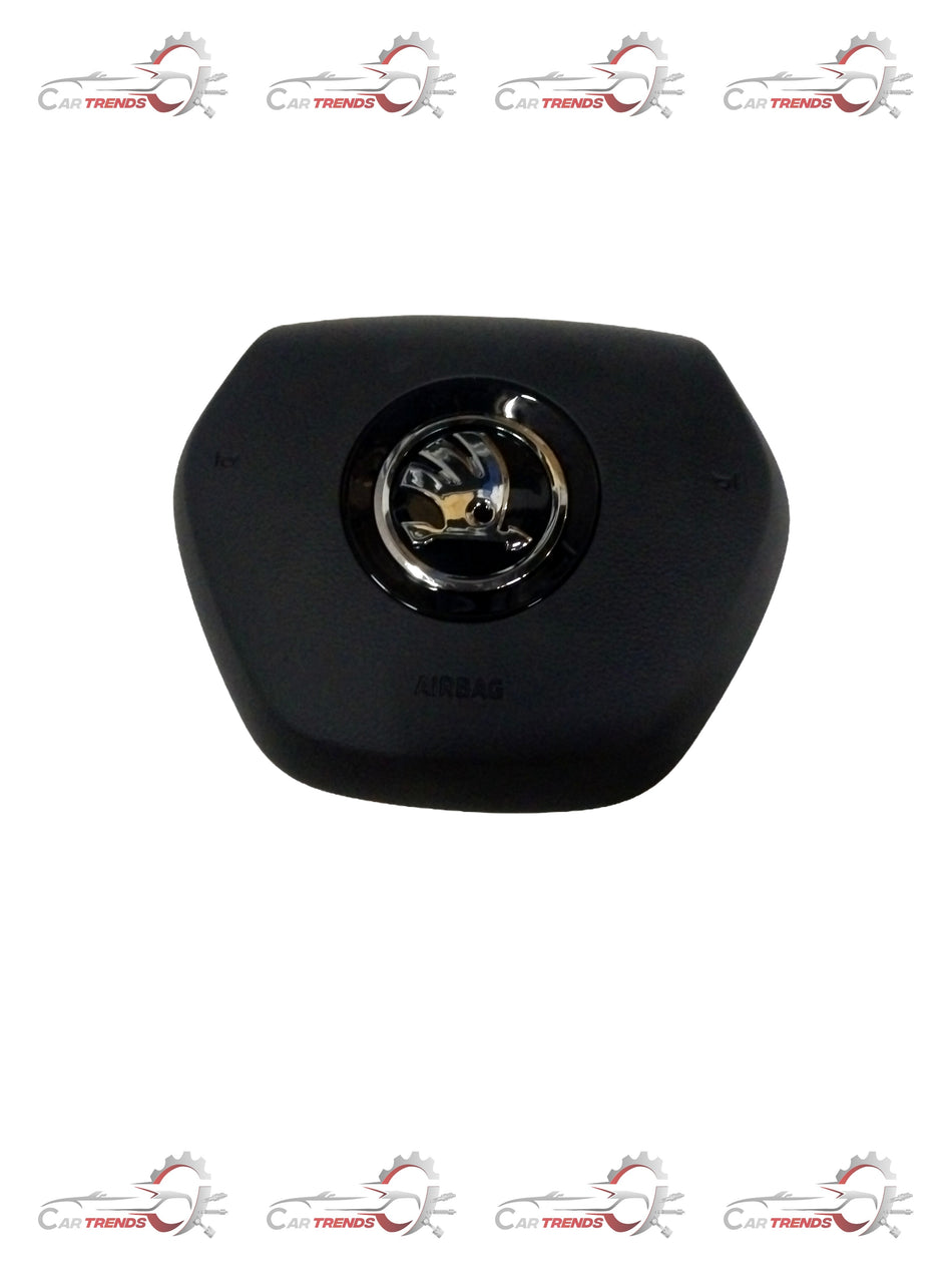 Volkswagen driver side steering wheel airbag unit in satin black and high chrome finish with visible mounting points.