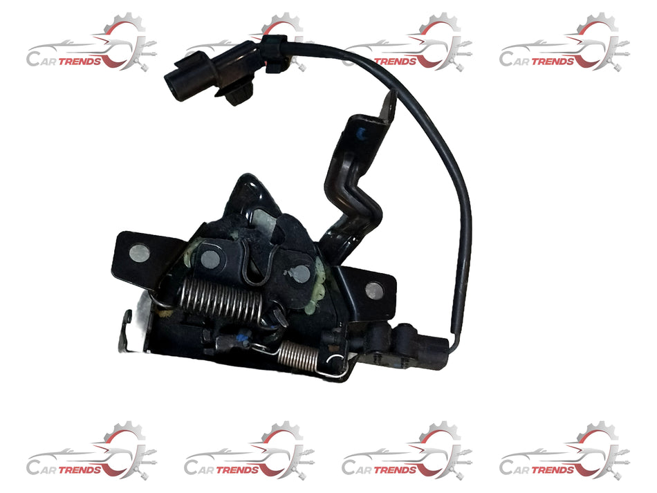 Hyundai latch assembly for hood, showing metal latch mechanism and mounting components in a close-up image.
