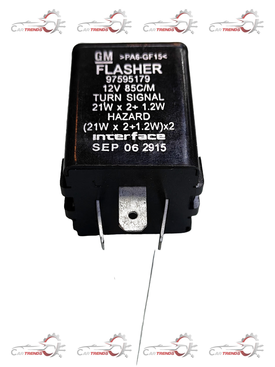 General Motors Tavera flasher unit T97595179 in a close-up image showing the electrical component and wiring.