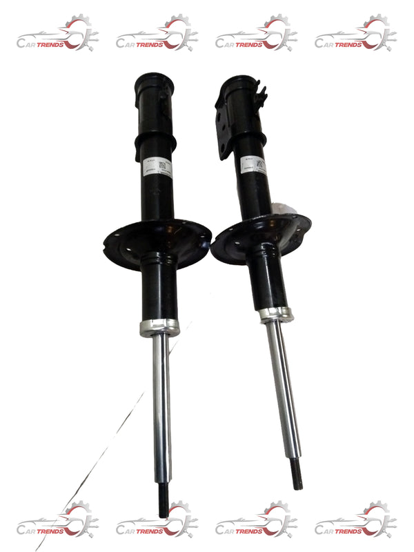 Toyota Etios front shock absorber set, two shock absorbers with metal and rubber components, for vehicle suspension repair.