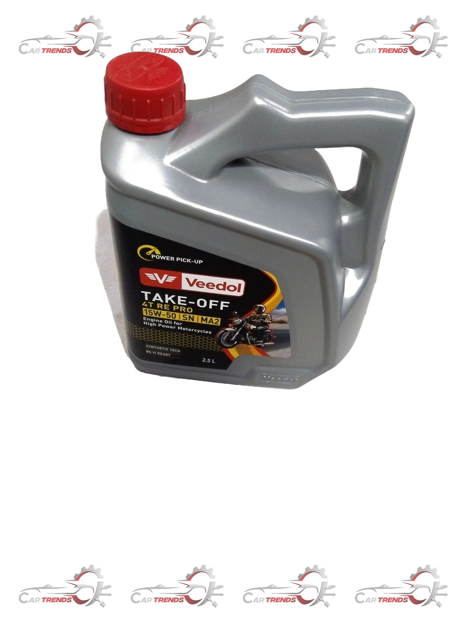 Veedol TAKE-OFF 4T RE PRO 15W-50 SN MA2 motorcycle engine oil bottle with label and cap.