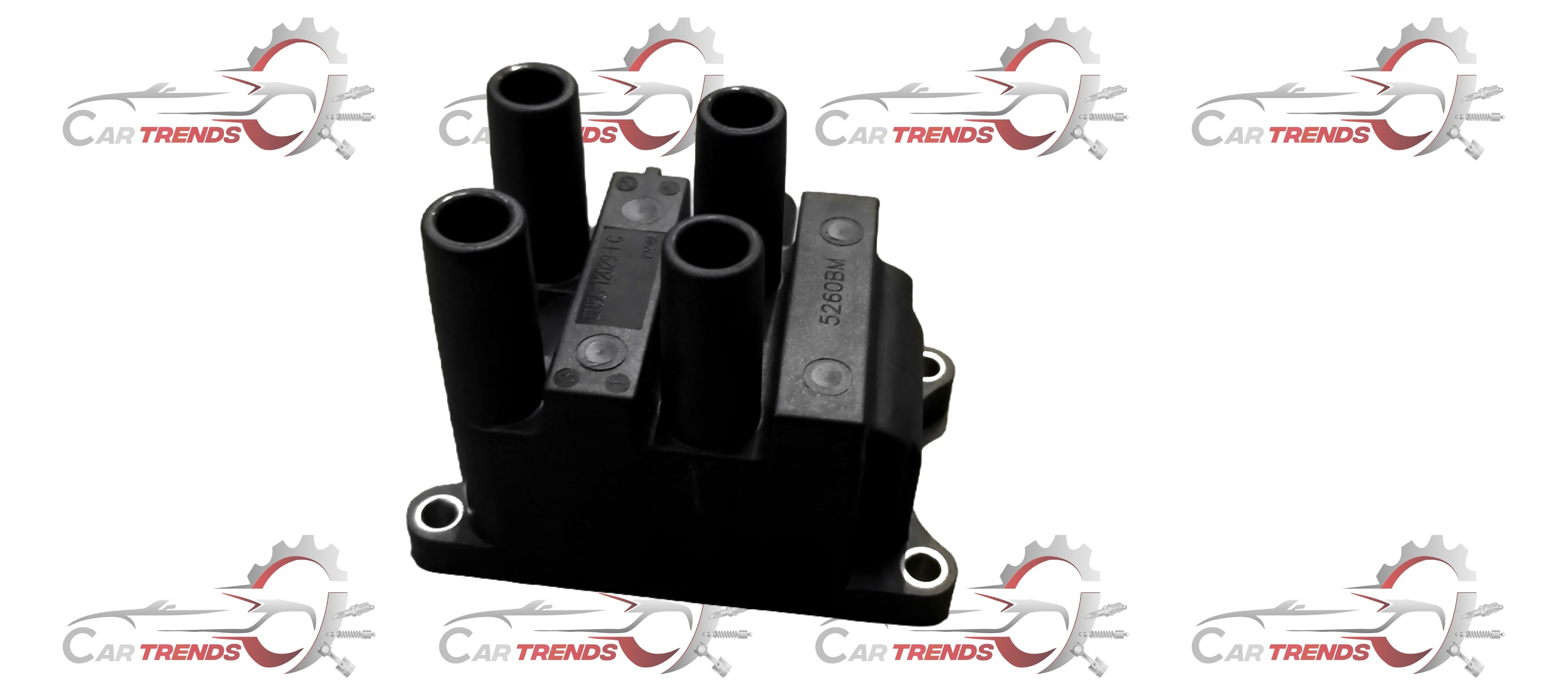 Ford ignition coil CM5G12029FC, close-up view showing black coil with electrical connectors and mounting base.
