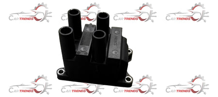 Ford ignition coil CM5G12029FC, close-up view showing black coil with electrical connectors and mounting base.