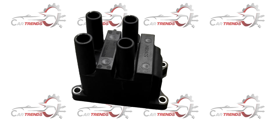Ford ignition coil CM5G12029FC, close-up view showing black coil with electrical connectors and mounting base.