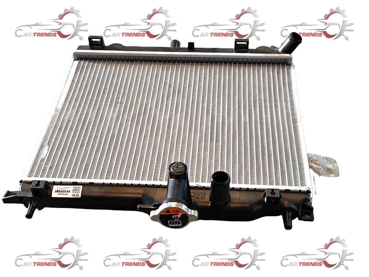 Hyundai Santro 2020 radiator showing the metal core and inlet/outlet connections for engine cooling.