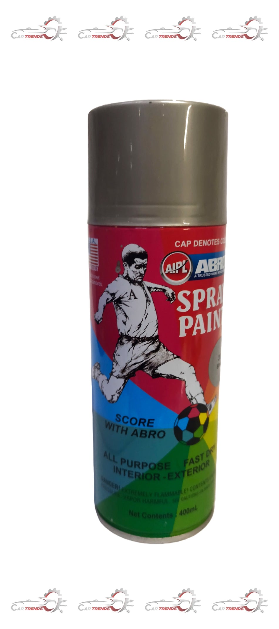 ABRO Silver Spray Paint can with a silver-colored aerosol spray, designed for quick and even application on various surfaces.
