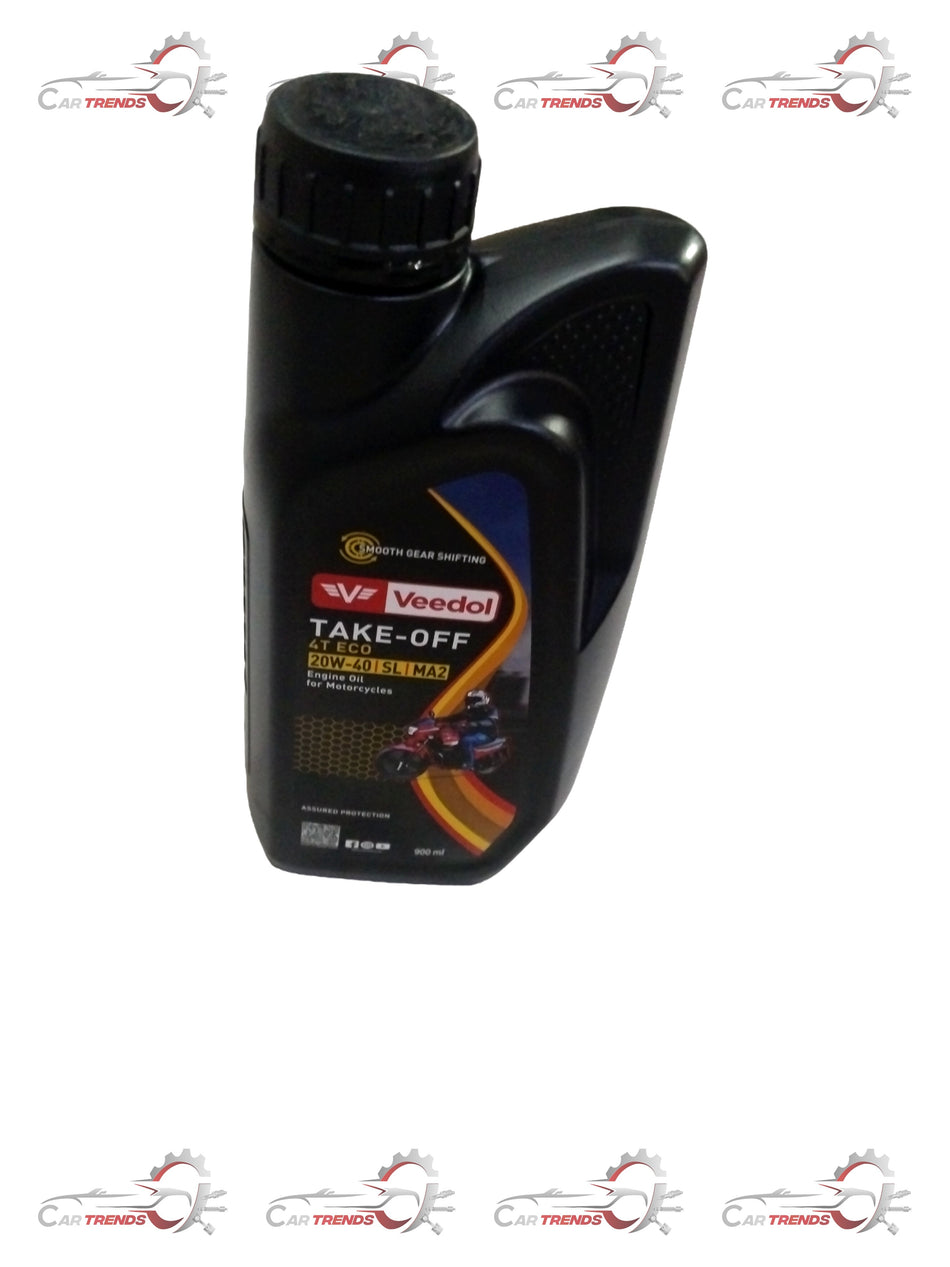 Veedol TAKE-OFF 4T ECO 20W-40 SL MA2 engine oil container, showcasing the product label and packaging design.