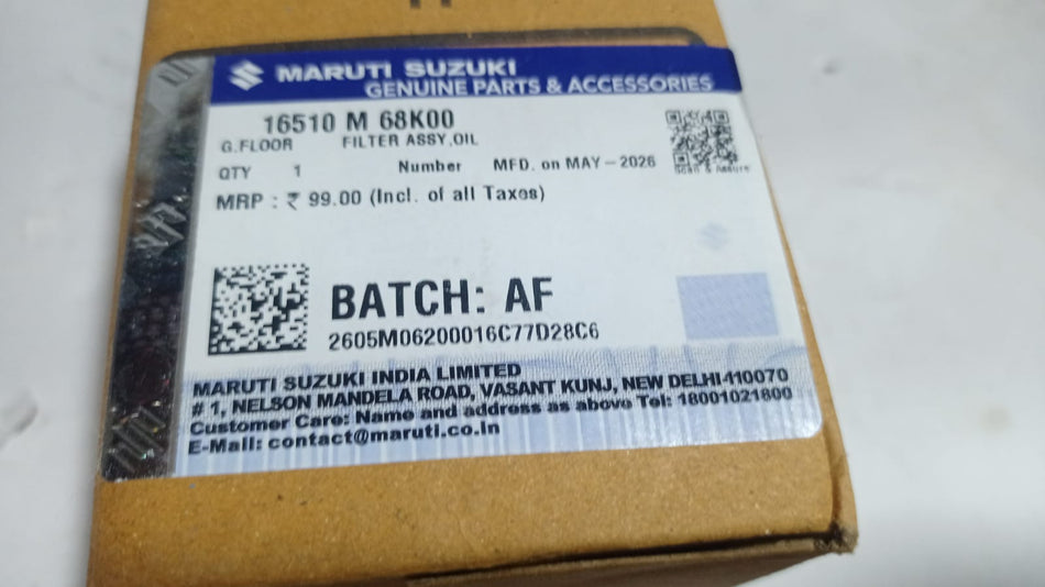 MARUTI SUZUKI OIL FILTER FOR MARUTI 800, A-STAR, ALTO, ALTO 800, BALENO, BREZZA, CELERIO, CIAZ, EECO, ERTIGA, GRAND VITARA, IGNIS PETROL CARS 16510M68K00 16510M68K00 - Front view
