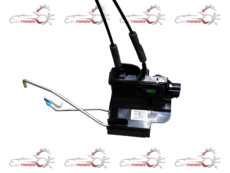 Hyundai front right door latch assembly showing metal latch mechanism and mounting components.