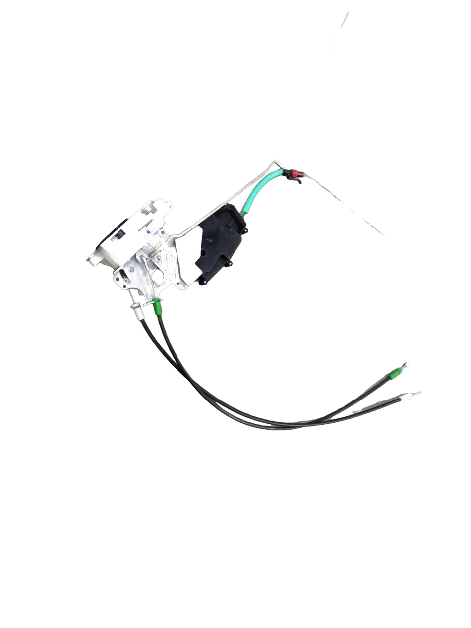Mahindra LH right-hand front door latch assembly for Scorpio, shown in close-up with metal latch components.